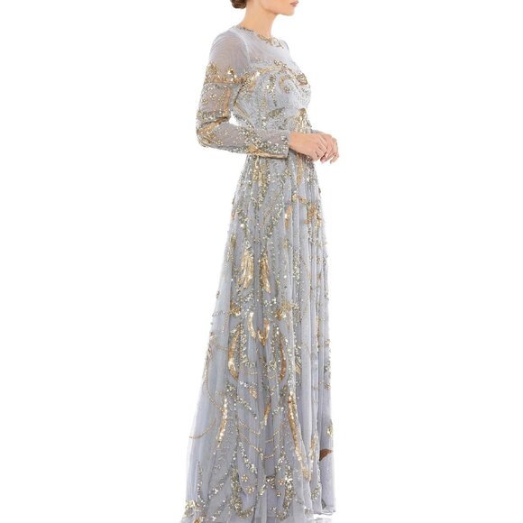 NWT Mac Duggal SZ 6 PLATINUM GOLD LONG SLEEVE EMBELLISHED ILLUSION GOWN… - Picture 2 of 12